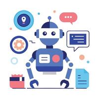 Modern Robot with Chat Bubble, Gears, and Location Pin on White Background vector