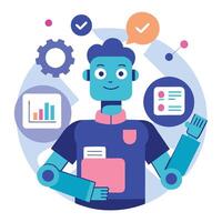 Flat Cartoon Robot with Graph Icon, Check Mark, Gear, Folder on White Background vector