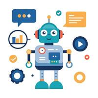 Cheerful Blue Robot with Speech Bubbles on White Background Flat Design vector