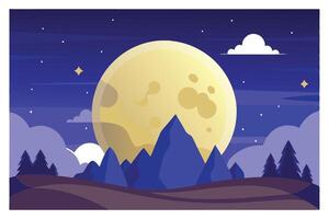 Night Landscape with Full Moon and Trees, Cartoon Style Flat Design Scenery vector