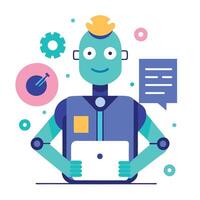 Geometric Style Robot Using Laptop on White Background with Speech Bubble vector