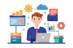 Cartoon Man with Laptop, Data Graphics, Gear, Envelope, and Colorful Stacking Boxes vector
