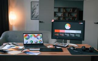 Computer, laptop, ,displays with designer's software. In the office photo
