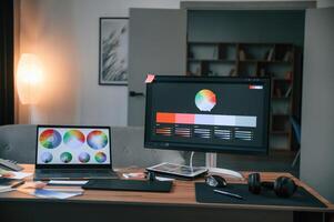 Computer,, laptop, displays with designer's software. In the office photo