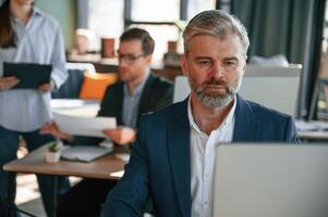 Using, computer. Group of business people are working in the modern office photo