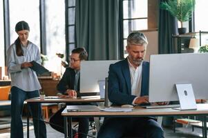Using ,computer. Group, of business people are working in the modern office photo