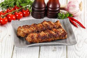 Two pieces of meat on a plate with tomatoes and spices photo