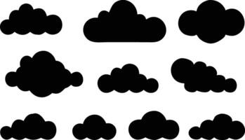 Nine Black Cloud Shapes on White Background, Isolated Weather Elements vector