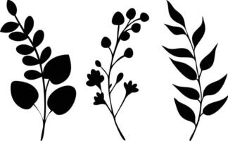 Silhouette Branches Set with Leaves and Buds, Isolated on White Background vector