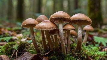 Cluster of brown mushrooms with slender stems and caps covered in fine dots, growing amidst lush green moss in a serene, damp forest setting. photo