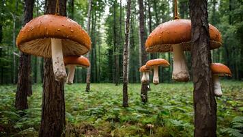 Enchanted forest scene with large, whimsical mushrooms hanging from trees, creating a magical and surreal atmosphere amidst lush green foliage. photo