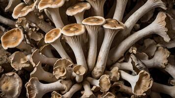 A cluster of fresh, earthy mushrooms with slender stems and light brown caps, densely packed together in a natural, organic setting. photo