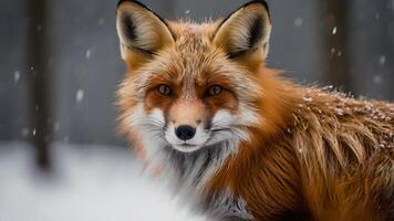 A vibrant red fox with a white tipped tail and piercing eyes stands alert in a snowy forest, its fur dusted with falling snowflakes. photo