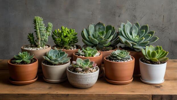 Assorted succulents in various pots on a rustic wooden table, showcasing a variety of shapes, sizes, and colors against a textured gray wall. photo