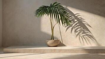 A serene indoor scene featuring a lush palm plant in a minimalist pot, casting elegant shadows on a soft beige wall and floor, evoking calm and tranquility. photo