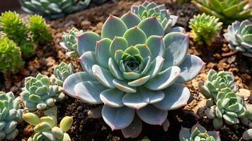 A vibrant array of succulents with a prominent pale blue Echeveria in the center, surrounded by smaller green rosettes, all nestled in rich, dark soil under bright sunlight. photo