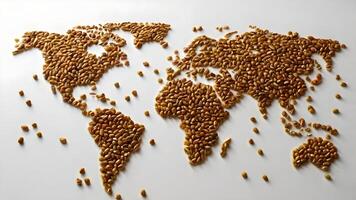 World map created with wheat seeds on a white background, symbolizing global agriculture and food distribution. photo