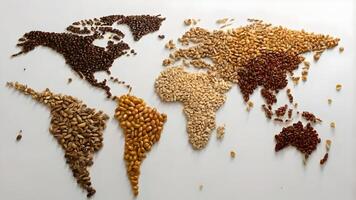 World map creatively crafted with various seeds and beans, showcasing global agriculture and diversity on a white background. photo