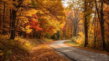 Winding road through a vibrant autumn forest with colorful leaves in shades of orange, red, and yellow creating a picturesque fall scene. photo