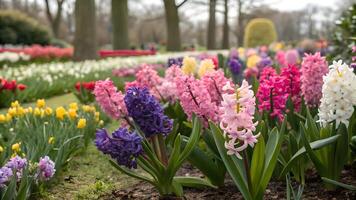 Vibrant hyacinths and tulips in a lush garden, showcasing a colorful array of pink, purple, yellow, and white flowers blooming beautifully in a serene park setting. photo