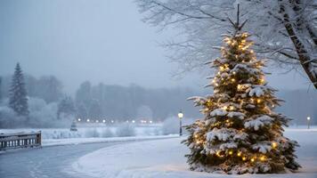 Snow covered Christmas tree with warm lights glowing in a serene, snowy park at dusk, creating a magical winter wonderland scene. photo