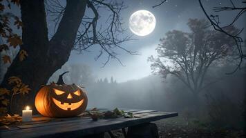 A glowing jack o lantern with a candle sits on a bench in a misty, moonlit forest, creating a spooky yet enchanting Halloween scene. photo