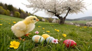 Chick standing in a vibrant spring meadow with colorful Easter eggs and blooming flowers, a cherry blossom tree in the background. photo