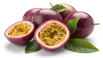Fresh Passion Fruits with Green Leaves on White Background closeup photo