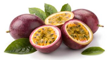 Fresh Passion Fruits with Green Leaves on White Background fresh photo