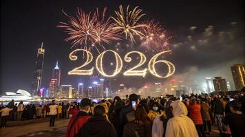 Crowds Gather to Witness Stunning 2026 Fireworks Display Over City Skyline, Marking the New Year with Vibrant Explosions of Light and Color. photo