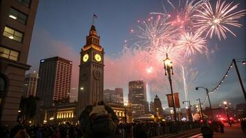 Vibrant fireworks explode in the sky above a historic clock tower, illuminating a bustling cityscape at dusk with crowds gathered to watch. photo