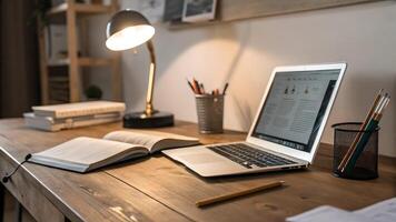 A cozy, well lit home office desk featuring an open laptop, a notebook, and various stationery items under the warm glow of a desk lamp. photo