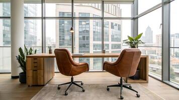 Modern office with panoramic city view, featuring a sleek wooden desk, two luxurious leather chairs, and large windows that flood the space with natural light. photo