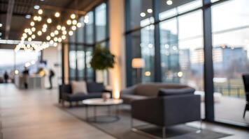 Modern office lounge with cozy seating, large windows, and warm string lights creating a welcoming atmosphere for relaxation and casual meetings. photo