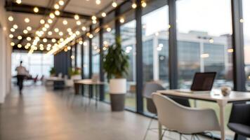 Modern office space with large windows, string lights, and a person walking in the background, creating a bright and inviting atmosphere. photo