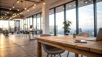 Modern open plan office with wooden desks, ergonomic chairs, large windows, and warm pendant lighting, creating a collaborative and inviting workspace atmosphere. photo
