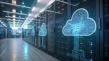 Modern data center with rows of servers and illuminated cloud icons symbolizing cloud computing technology and digital connectivity. photo