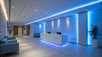 Modern corporate lobby with sleek design, blue lighting, and contemporary furniture creating a professional and inviting atmosphere. photo