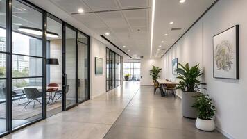 Modern office corridor with glass doors, sleek design, and green plants creating a bright, inviting atmosphere for productivity and collaboration. photo