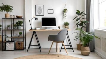 Modern Home Office with Minimalist Design, Featuring a Desk, Computer, Gray Chair, and Various Plants in a Bright Room with Natural Light. photo