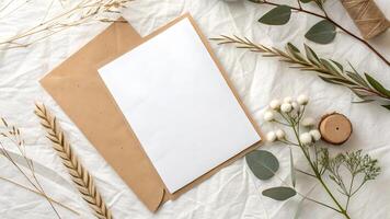 Blank white card and envelope on a rustic background with dried flowers, cotton branches, and green leaves, perfect for wedding invitations or elegant stationery designs. photo