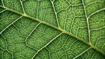Close-up of a vibrant green leaf with intricate vein patterns, perfect for nature enthusiasts and botanical studies photo