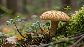 A close up of a delicate mushroom with gills in a forest, surrounded by moss and twigs, capturing the essence of natures intricate beauty. photo