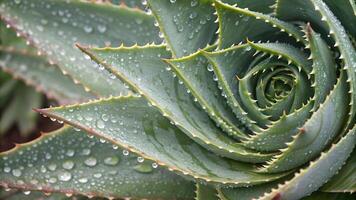 Close Up of Succulent Plant with Dew Drops, Highlighting Natural Beauty and Adaptation, Detailed Texture of Green Leaves, Water Droplets on Spiky Edges, Botanical Photography, Desert Flora, photo