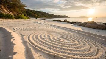 Spiral patterns etched in pristine white sand on a serene beach at sunset, with gentle waves and lush greenery in the background. photo