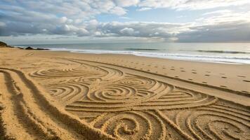 Intricate sand art with swirling patterns on a serene beach under a cloudy sky, waves gently rolling in, capturing the essence of tranquility and creativity. photo