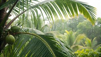 Aerial Rainforest Scene with Palm Leaves, Highlighting Tropical Ecosystems, Lush Greenery and Water Droplets, Environmental Conservation, Biodiversity Protection, Climate Change Mitigation, photo