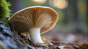 Close Up View of Mushroom Gills, Detailed Fungal Structure, Natural Texture and Patterns, Mycology Study, Forest Floor Ecosystem, Organic Growth, Botanical Photography, Environmental Science, photo