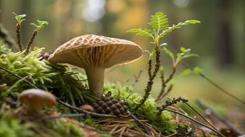 A large mushroom with a broad, beige cap and white gills grows from a mossy forest floor, surrounded by greenery and fallen leaves. photo
