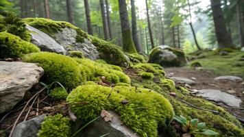 Lush green moss blankets rocks and forest floor, creating a serene, enchanting woodland scene with trees and soft light filtering through. photo
